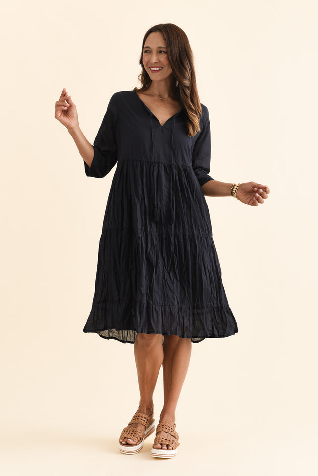 Milana Navy Crinkle Cotton Dress,Brunette model,alt text|model:Cara image 5