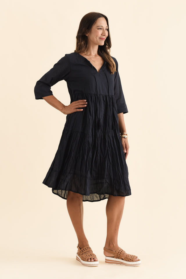 Milana Navy Crinkle Cotton Dress,Brunette model,alt text|model:Cara image 6