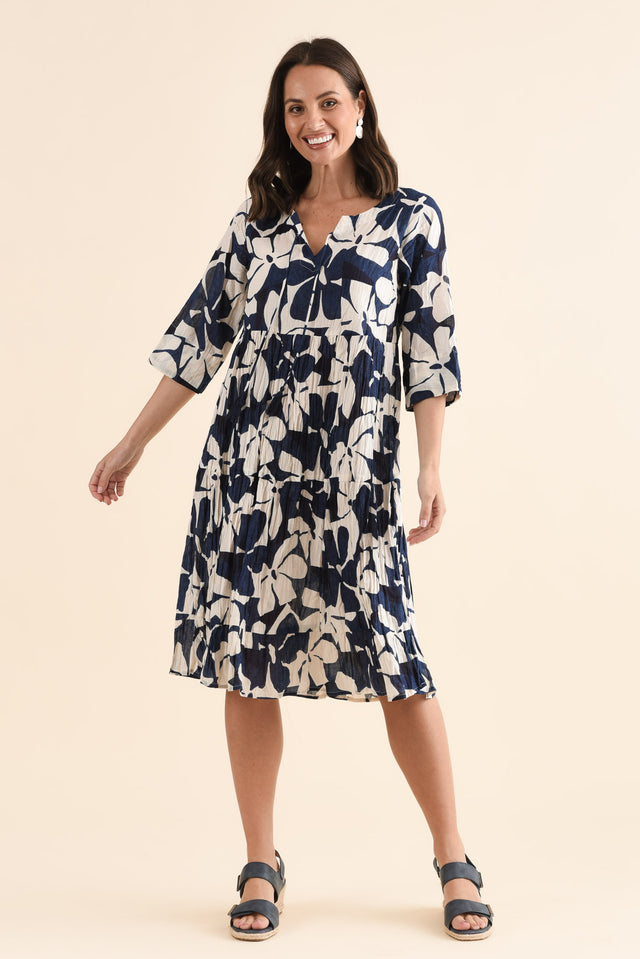 Milana Navy Garden Crinkle Cotton Dress,Full Body,Brunette model,alt text|model:MJ image 7