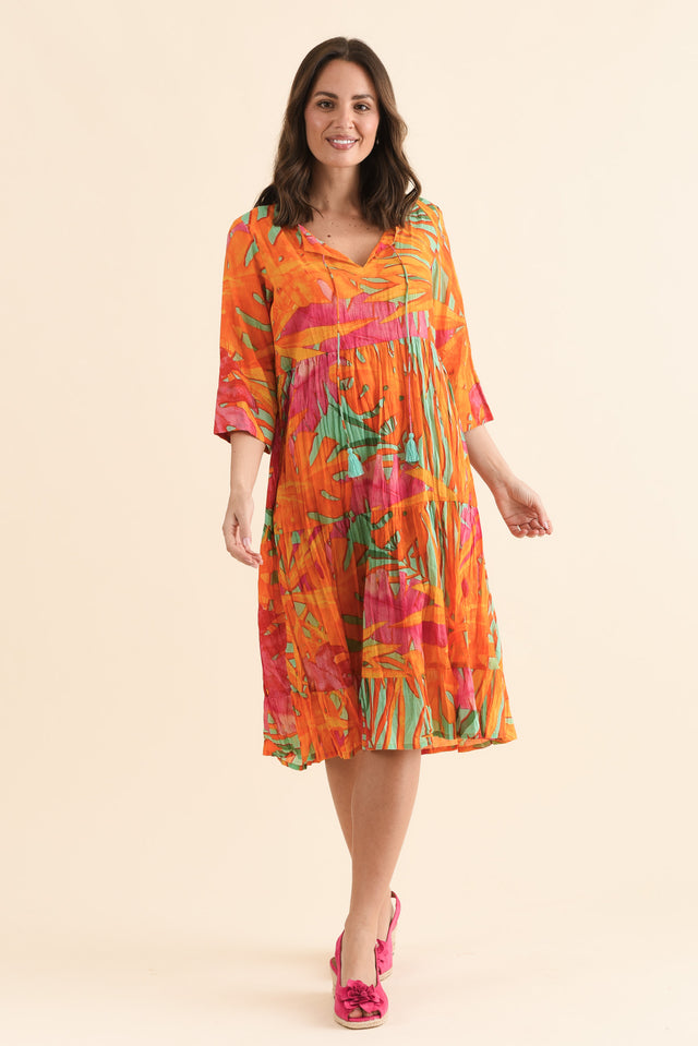 Milana Orange Leaf Crinkle Cotton Dress,Full Body,Brunette model,alt text|model:MJ image 6