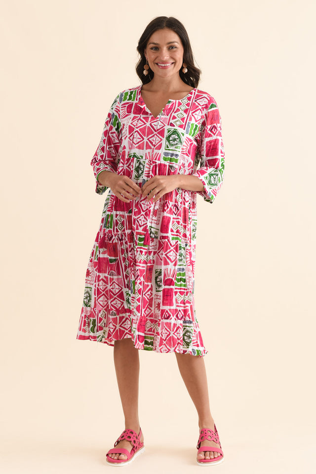Milana Pink Tile Crinkle Cotton Dress,Full Body,Brunette model,alt text|model:Brontie image 6