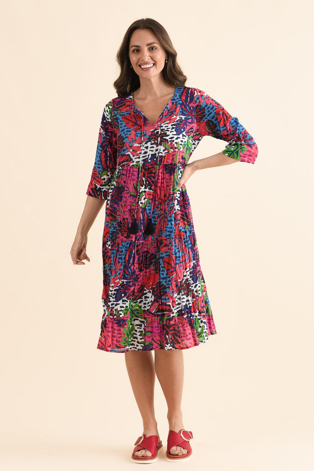 Milana Purple Leaf Crinkle Cotton Dress,Full Body,Brunette model,alt text|model:MJ image 2