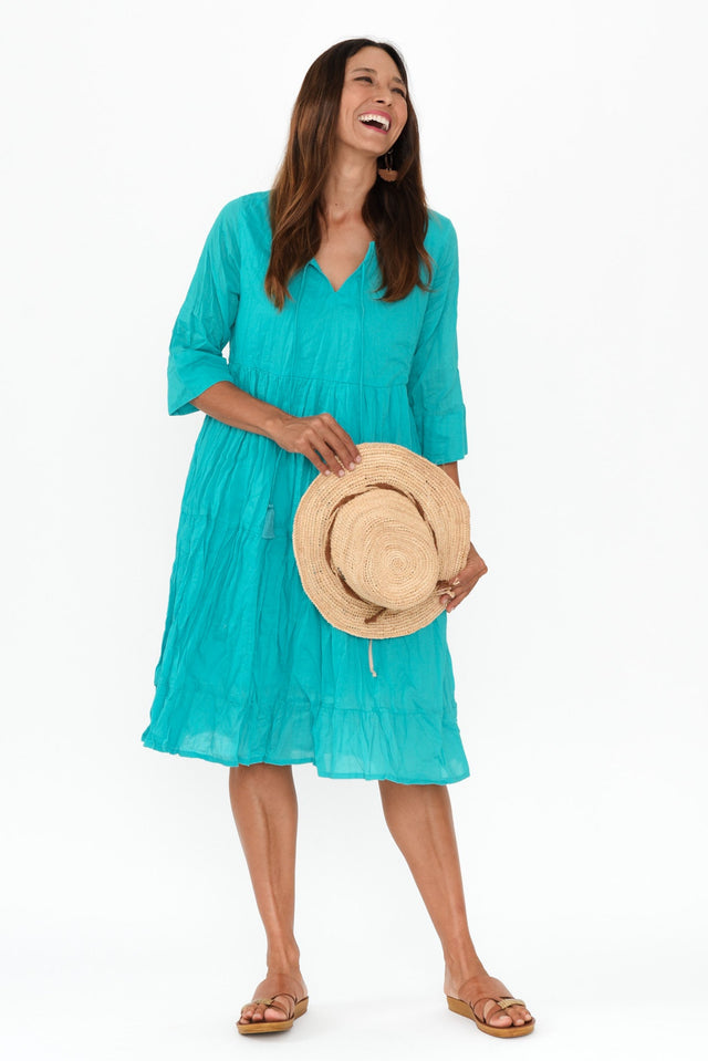 Milana Sky Blue Crinkle Cotton Dress,Brunette model,alt text|model:Cara image 1