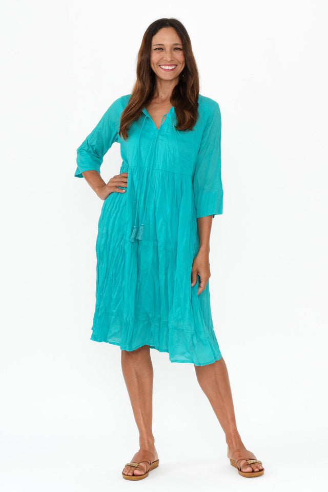 Milana Sky Blue Crinkle Cotton Dress,Brunette model,alt text|model:Cara image 4