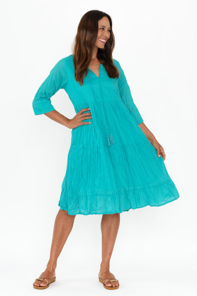 Milana Sky Blue Crinkle Cotton Dress,Brunette model,alt text|model:Cara image 8