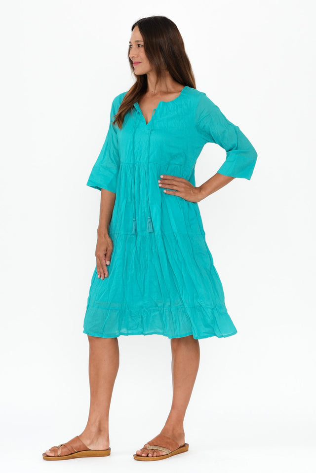 Milana Sky Blue Crinkle Cotton Dress,Brunette model,alt text|model:Cara image 5