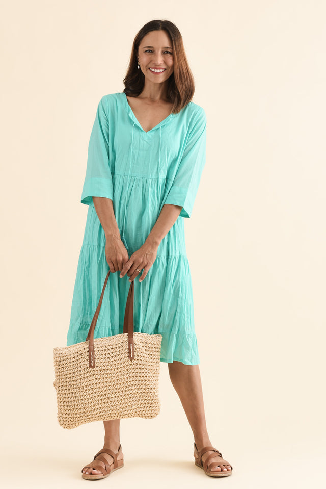 Milana Sky Blue Crinkle Cotton Dress,Front,Brunette model,alt text|model:Cara