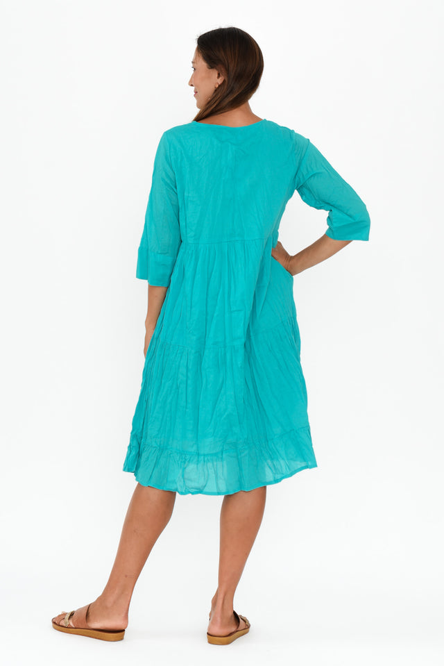 Milana Sky Blue Crinkle Cotton Dress,Brunette model,alt text|model:Cara image 6