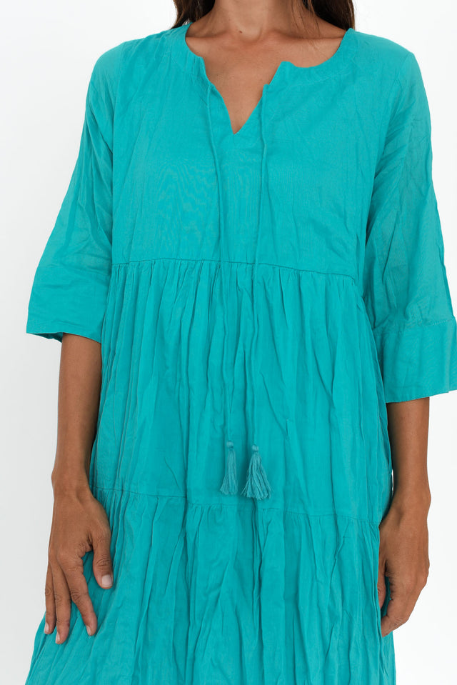 Milana Sky Blue Crinkle Cotton Dress,Brunette model,alt text|model:Cara image 7