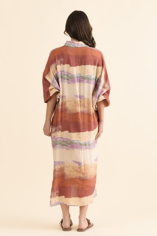 Milano Rust Stripe Linen Blend Dress,Back,Brunette model,alt text|model:MJ image 4