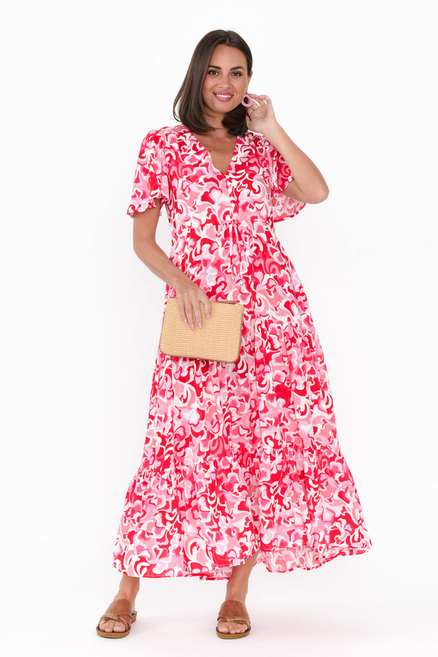 Mildred Red Abstract Tie Dress,Brunette model,alt text|model:MJ