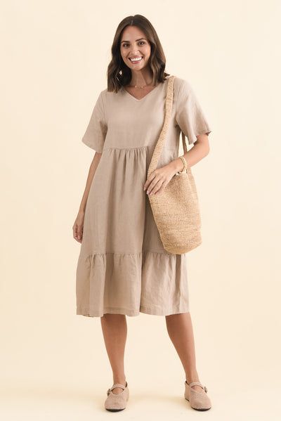 Miller Beige Linen Tiered Dress