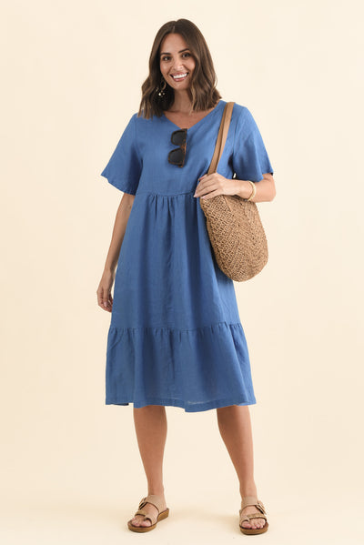 Miller Blue Linen Tiered Dress