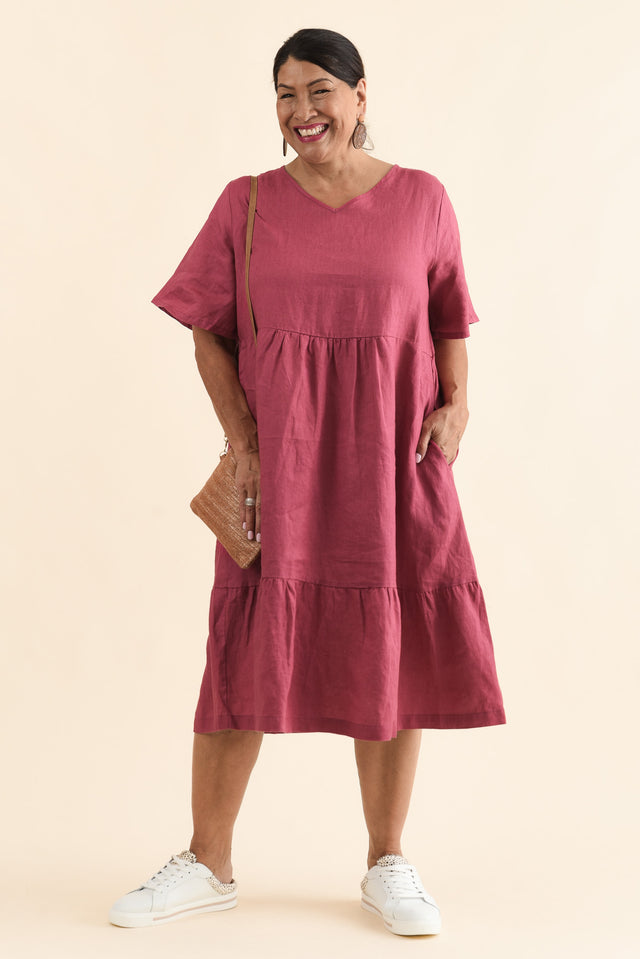 Miller Pink Linen Tiered Dress,Front,Brunette model,alt text|model:Pilita image 8