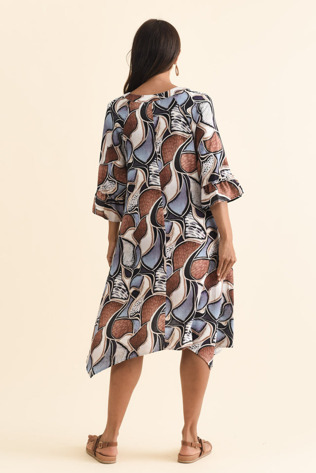 Millicent Blue Abstract Linen Cotton Dress,Brunette model,alt text|model:Cara image 6
