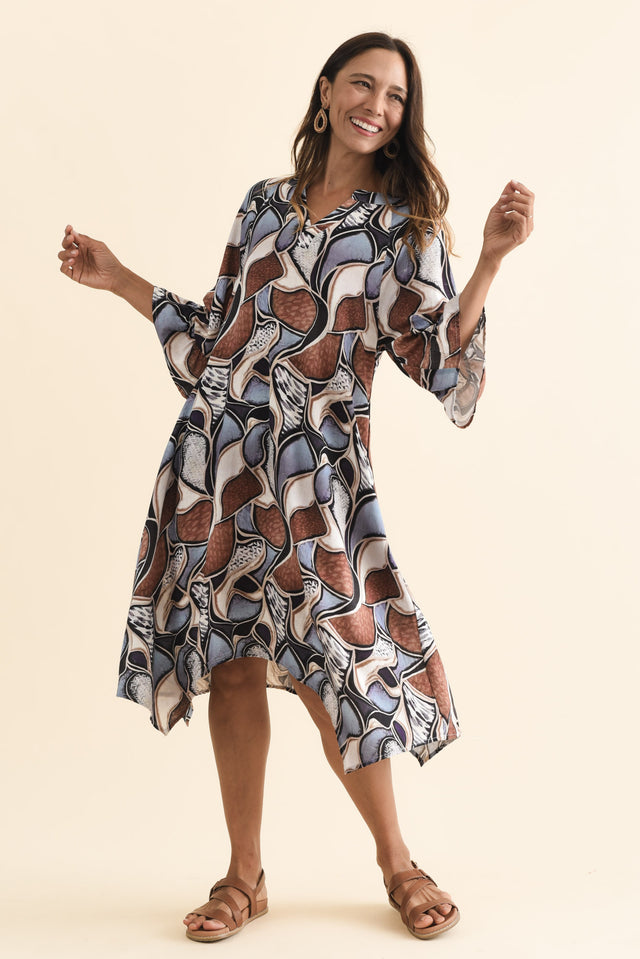Millicent Blue Abstract Linen Cotton Dress,Brunette model,alt text|model:Cara image 4