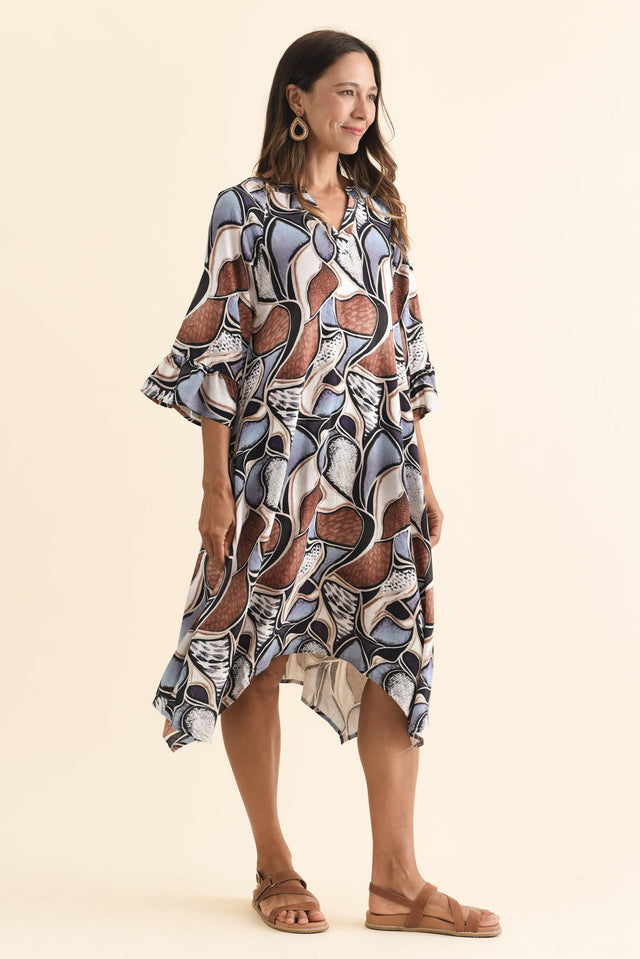 Millicent Blue Abstract Linen Cotton Dress,Brunette model,alt text|model:Cara image 5