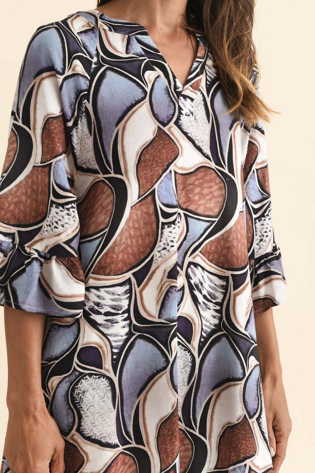 Millicent Blue Abstract Linen Cotton Dress,Brunette model,alt text|model:Cara image 7