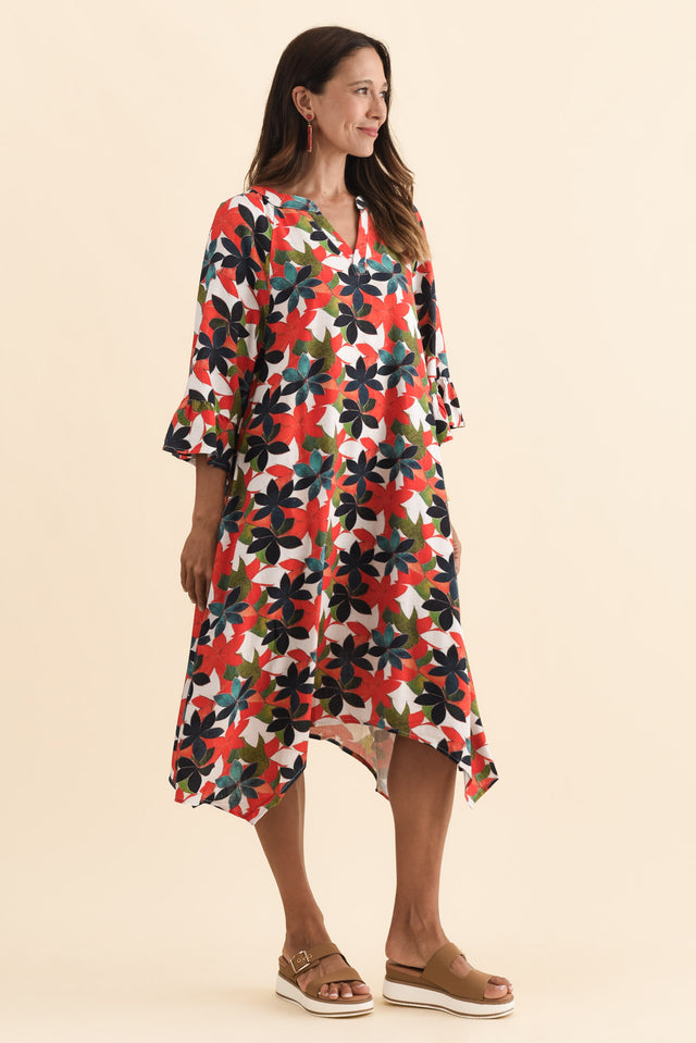 Millicent Red Leaf Linen Cotton Dress,Brunette model,alt text|model:Cara image 4
