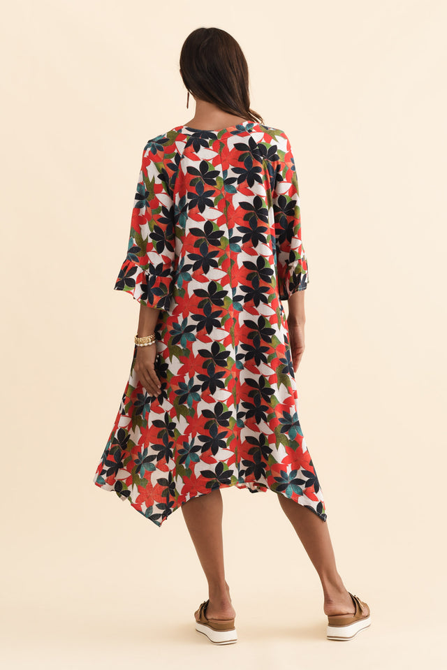 Millicent Red Leaf Linen Cotton Dress,Brunette model,alt text|model:Cara image 5