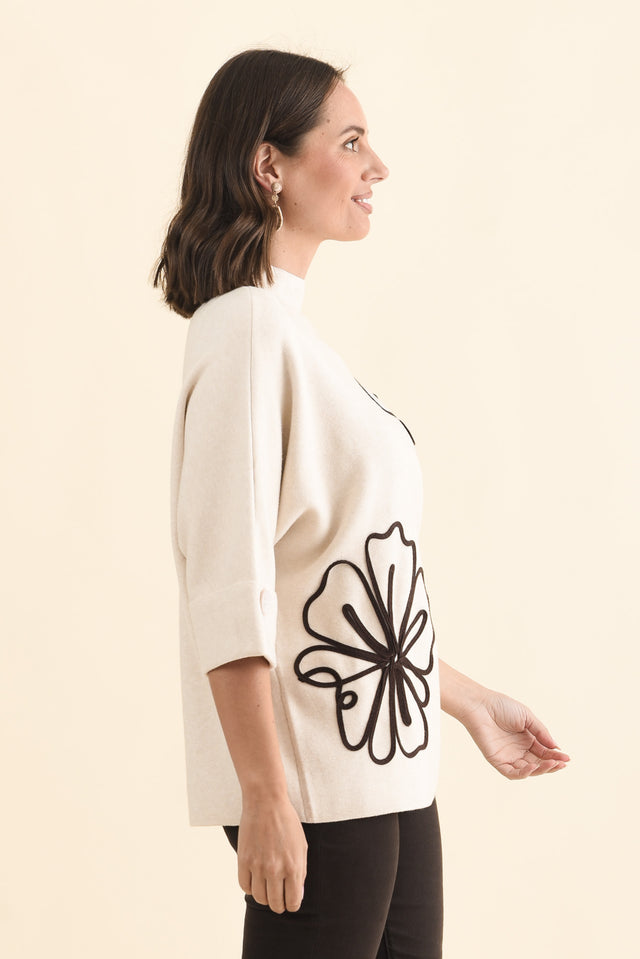 Mimosa Beige Flower Knit Jumper,Brunette model,alt text|model:MJ image 3