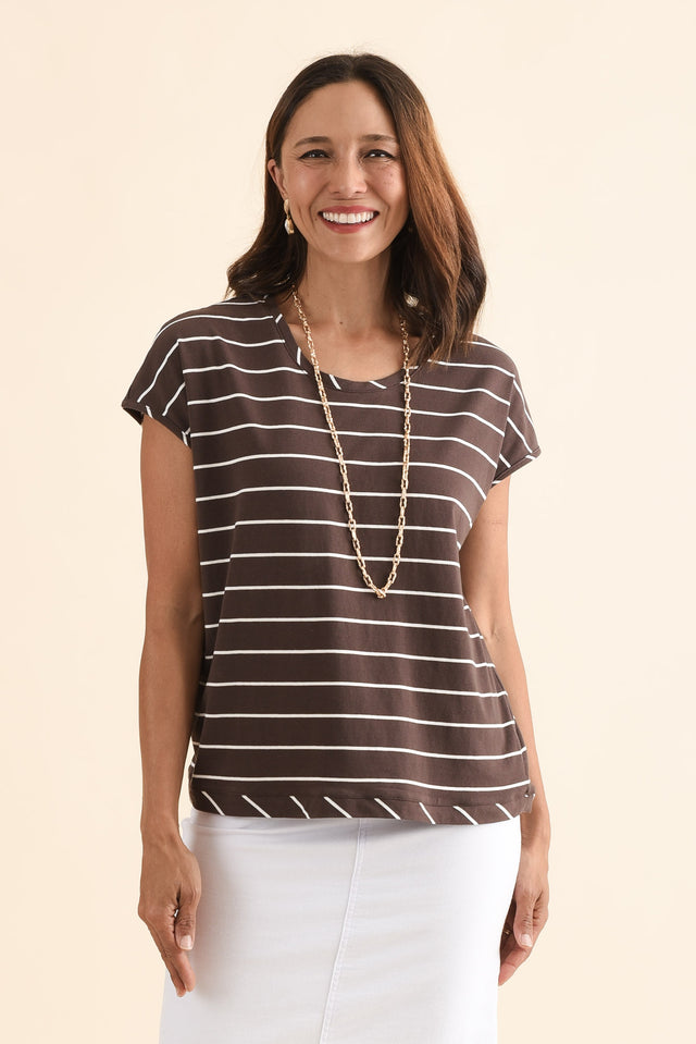 Mindy Dark Brown Stripe Cotton Shell Tee,Front,Brunette model,alt text|model:Cara image 1