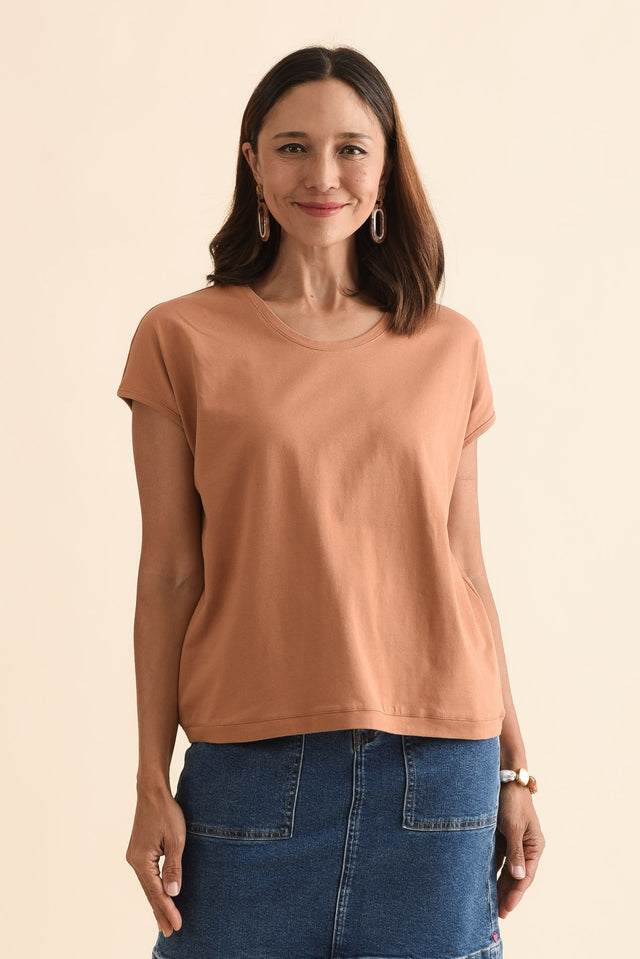 Mindy Mocha Cotton Shell Tee,Front,Brunette model,alt text|model:Cara image 1