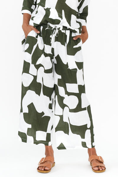 Minnelli Khaki Geo Linen Cotton Pants