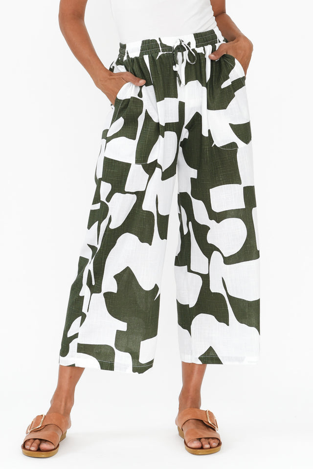 Minnelli Khaki Geo Linen Cotton Pants,Brunette model,alt text|model:Cara image 7