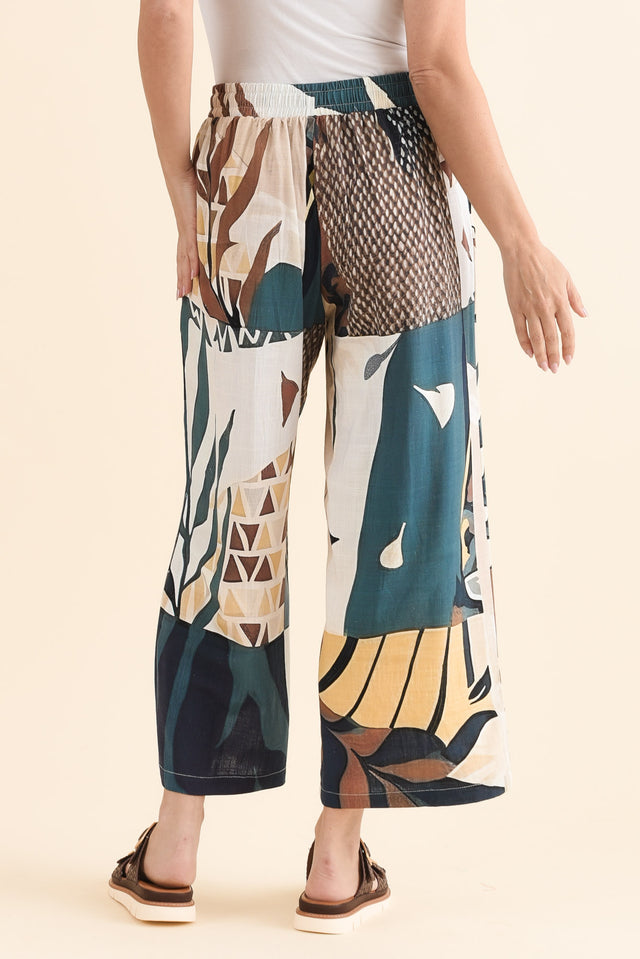 Minnelli Navy Leaf Linen Cotton Pants,Back,Brunette model,alt text|model:MJ image 4