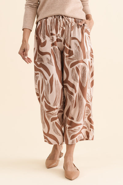 Minnelli Tan Abstract Linen Cotton Pants