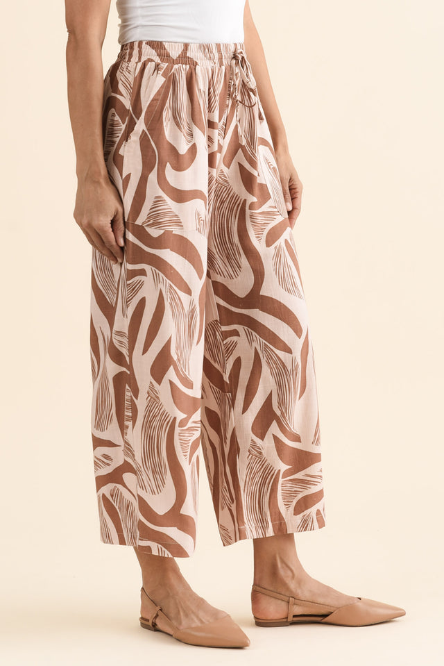 Minnelli Tan Abstract Linen Cotton Pants,brunette model,Side of Outfit,alt text|model:Cara image 3