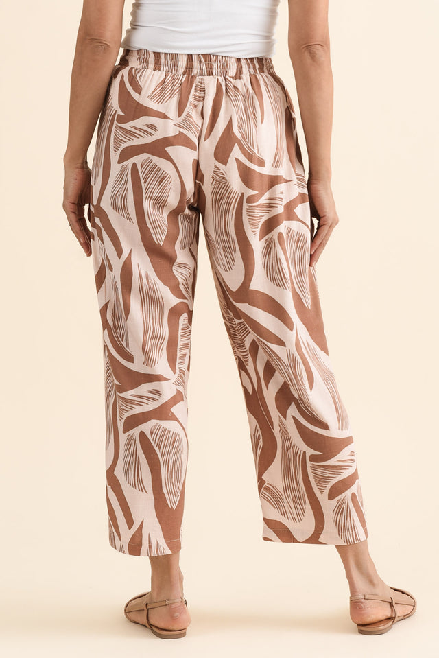 Minnelli Tan Abstract Linen Cotton Pants,brunette model,Back of Outfit,alt text|model:Cara image 4