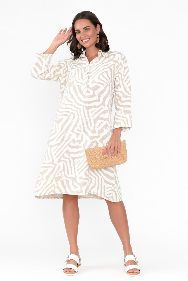 Minta Beige Animal Linen Shirt Dress