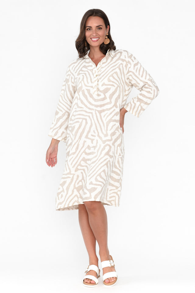 Minta Beige Animal Linen Shirt Dress