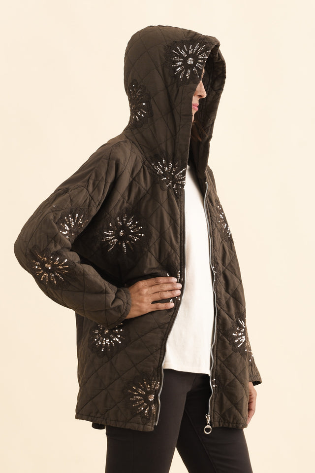 Mintaro Chocolate Sequin Quilted Jacket,Brunette model,alt text|model:Cara image 3