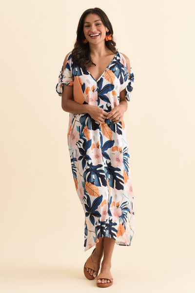 Miranda Navy Garden Cold Shoulder Kaftan