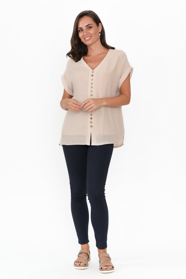 Miray Beige Cotton Blend Button Top