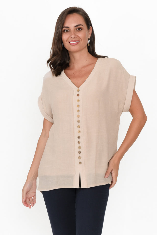 Miray Beige Cotton Blend Button Top neckline_V Neck