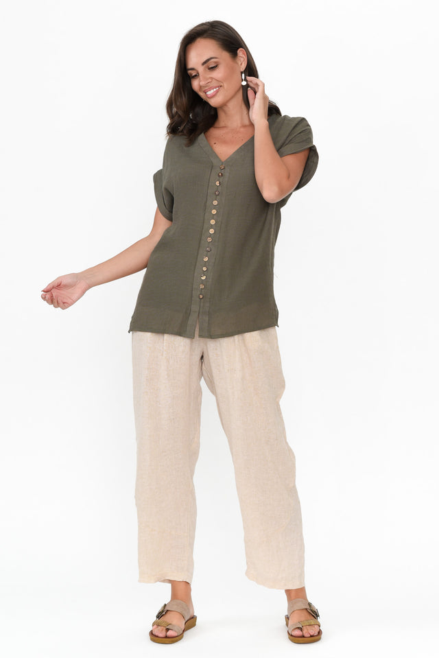 Miray Khaki Cotton Blend Button Top