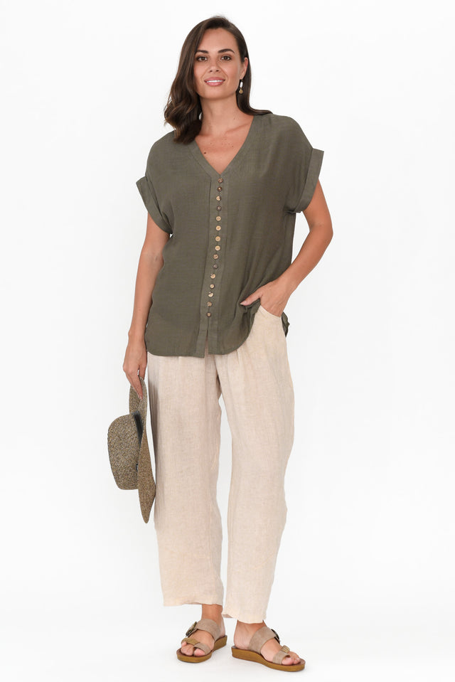 Miray Khaki Cotton Blend Button Top
