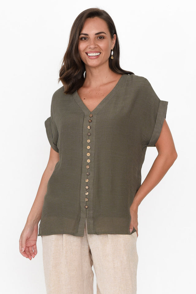 Miray Khaki Cotton Blend Button Top neckline_V Neck