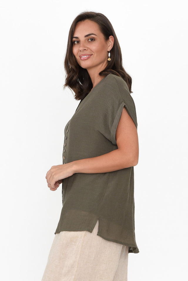 Miray Khaki Cotton Blend Button Top