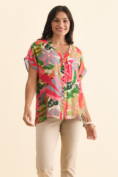 Miray Pink Hibiscus Button Top
