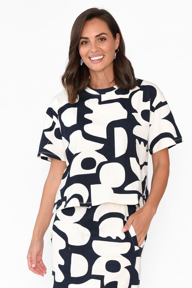 Miro Navy Abstract Cotton Top neckline_Round