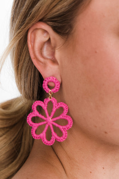 Mirta Pink Raffia Flower Earrings