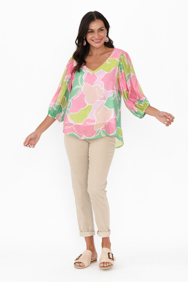 Misma Pink Floral V Neck Top,Brunette model,alt text|model:Brontie image 4