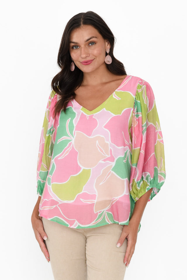 Misma Pink Floral V Neck Top,Brunette model,alt text|model:Brontie image 2