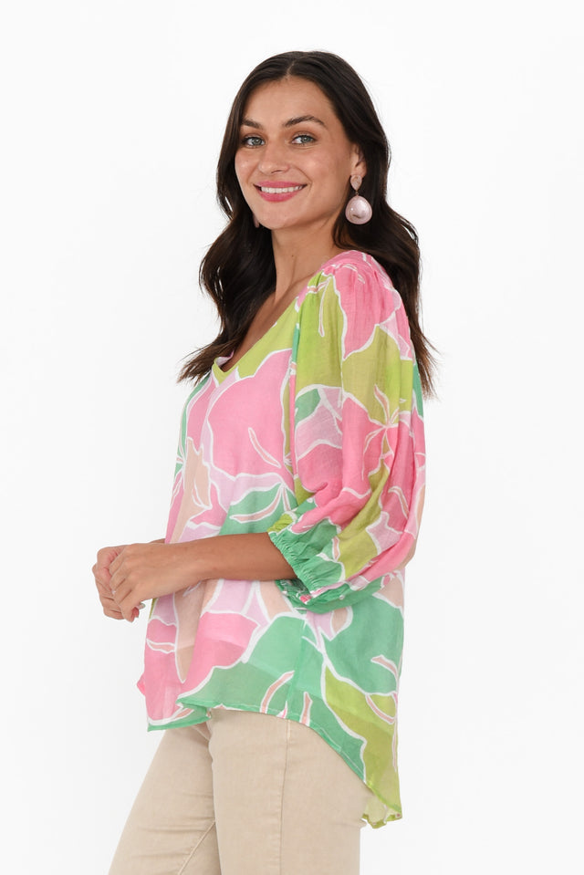 Misma Pink Floral V Neck Top,Brunette model,alt text|model:Brontie image 5