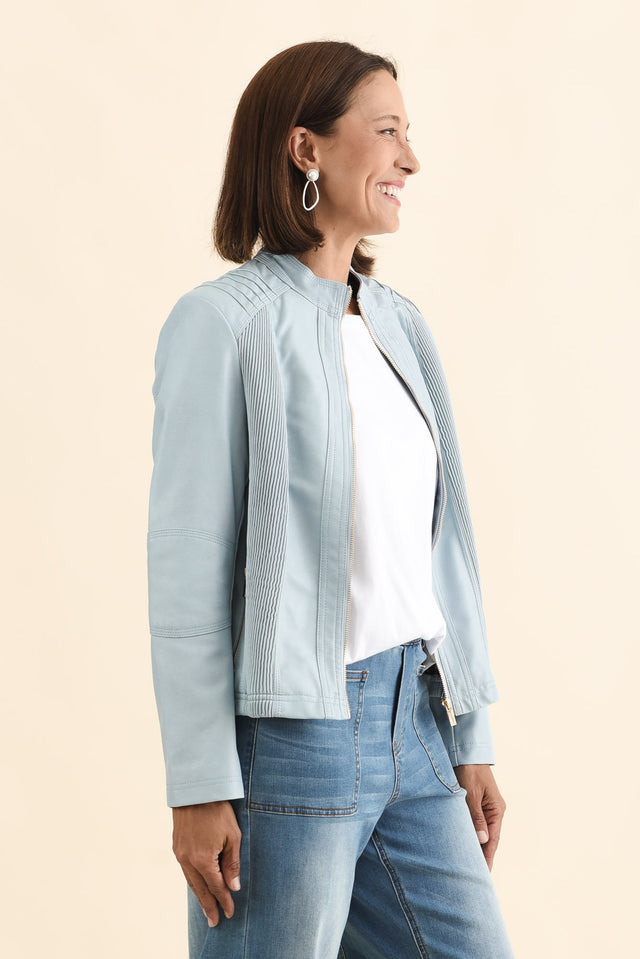 Mitchell Blue Faux Leather Biker Jacket,Brunette model,alt text|model:Cara image 4